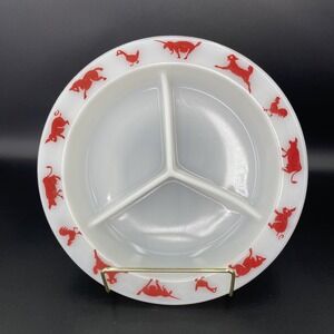 Vintage Child's Divided Dish Milk Glass Red Print Farm Animals Cottagecore Farm